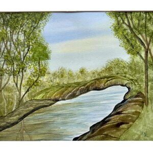 Forest Trees and Pond Landscape Green Blue Original Art Green 11x14 & Mat 16x20